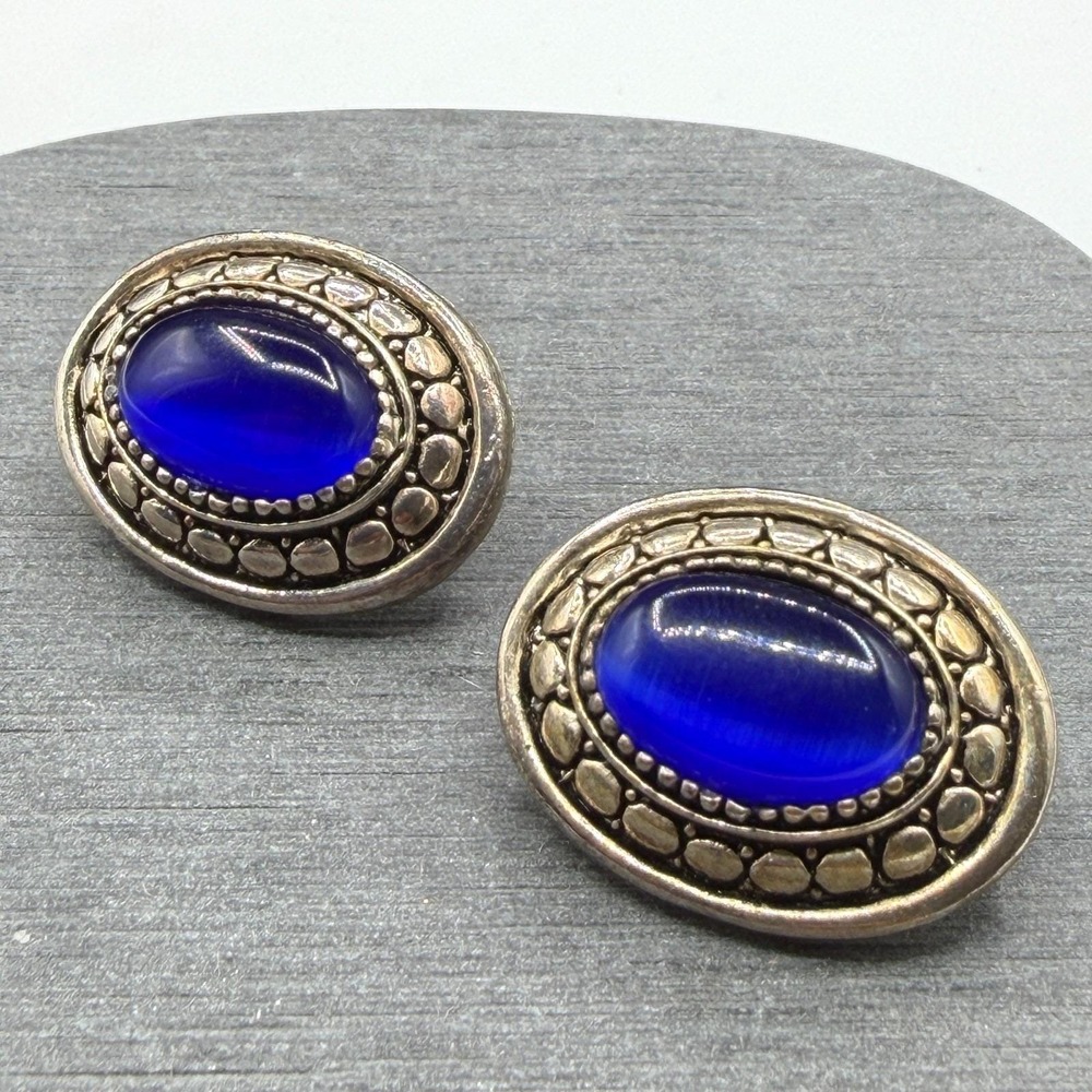 Cobalt Blue Cabochon Oval Stud Earrings Silver Tone Boho Statement Pierced Gift